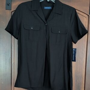 Karen Scott Black Short-Sleeve Camp Collar Button-Up Blouse